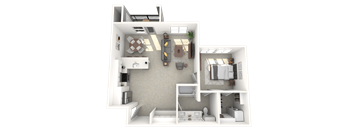 A 3D rendered image of a modern apartment layout.