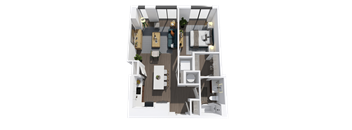 A 3D floor plan of a house with a kitchen, living room, and two bedrooms.