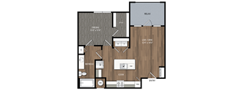 A floor plan of a house with a living room, dining room, kitchen, and bathroom.