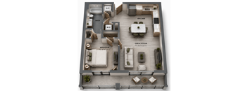 A4 one-bedroom apartment floor plan at MB Station in Miami, FL featuring an expansive great room, modern kitchen, private bedroom, full bath, and outdoor living area. Pet-friendly apartments near The Roads and Brickell.