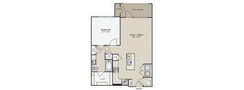 A floor plan of a living space with a bedroom, bathroom, and kitchen.