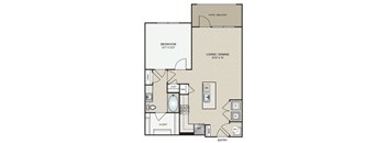 A floor plan of a small apartment with a bedroom, living/dining area, and a closet.