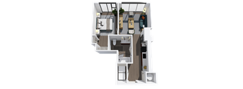 A 3D floor plan of a small apartment with a kitchen, living room, and bathroom.