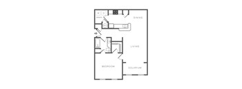 A black and white image of a floor plan for a house with a dining area, living room, bedroom, and solarium.