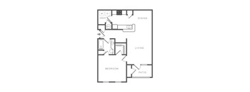 A black and white image of a floor plan of a house with a dining area, living area, bedroom, and patio.