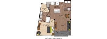 A floor plan of an apartment with one bedroom and one bathroom.