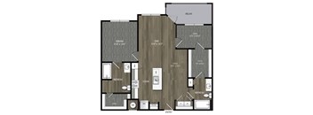 A floor plan of a house with a living room, dining room, kitchen, and two bathrooms.