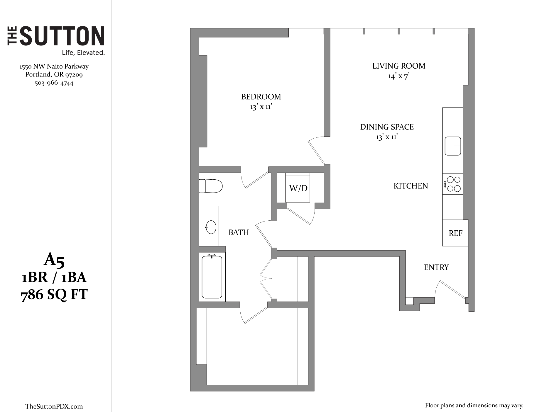 A floor plan for a one bedroom apartment with a living room, dining space, kitchen and bath.