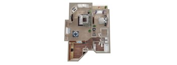 A top-down view of a house layout with a living room, kitchen, and bedrooms.
