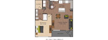 A floor plan of a one bedroom apartment with a bathroom, kitchen, living room and balcony.
