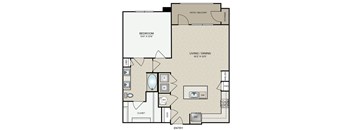 A floor plan of a home with a bedroom, living/dining area, and closet.