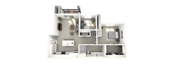A 3D rendered image of a house layout.