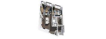 A 3D floor plan of a house with a kitchen, living room, dining room, and bathroom.