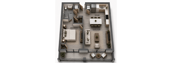 A5 one-bedroom apartment floor plan at MB Station apartments in Miami featuring an open-concept living and dining space, modern kitchen, spacious bedroom, full bathroom, and balcony. Apartments near Coral Way, Shenandoah, and Coconut Grove.