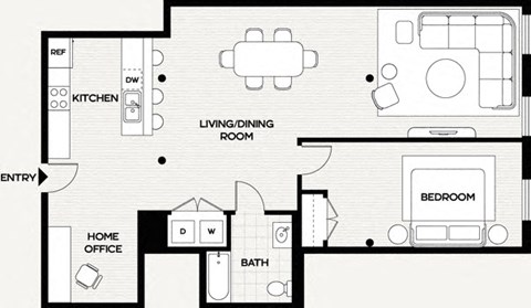 A floor plan of a home with a kitchen, living room, home office, and bedroom.