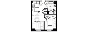 a floor plan of a small house with a kitchen and a living room