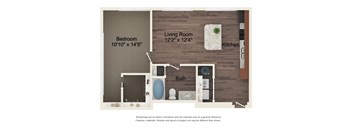 A floor plan of a small apartment with a bedroom, living room, kitchen, and bathroom.