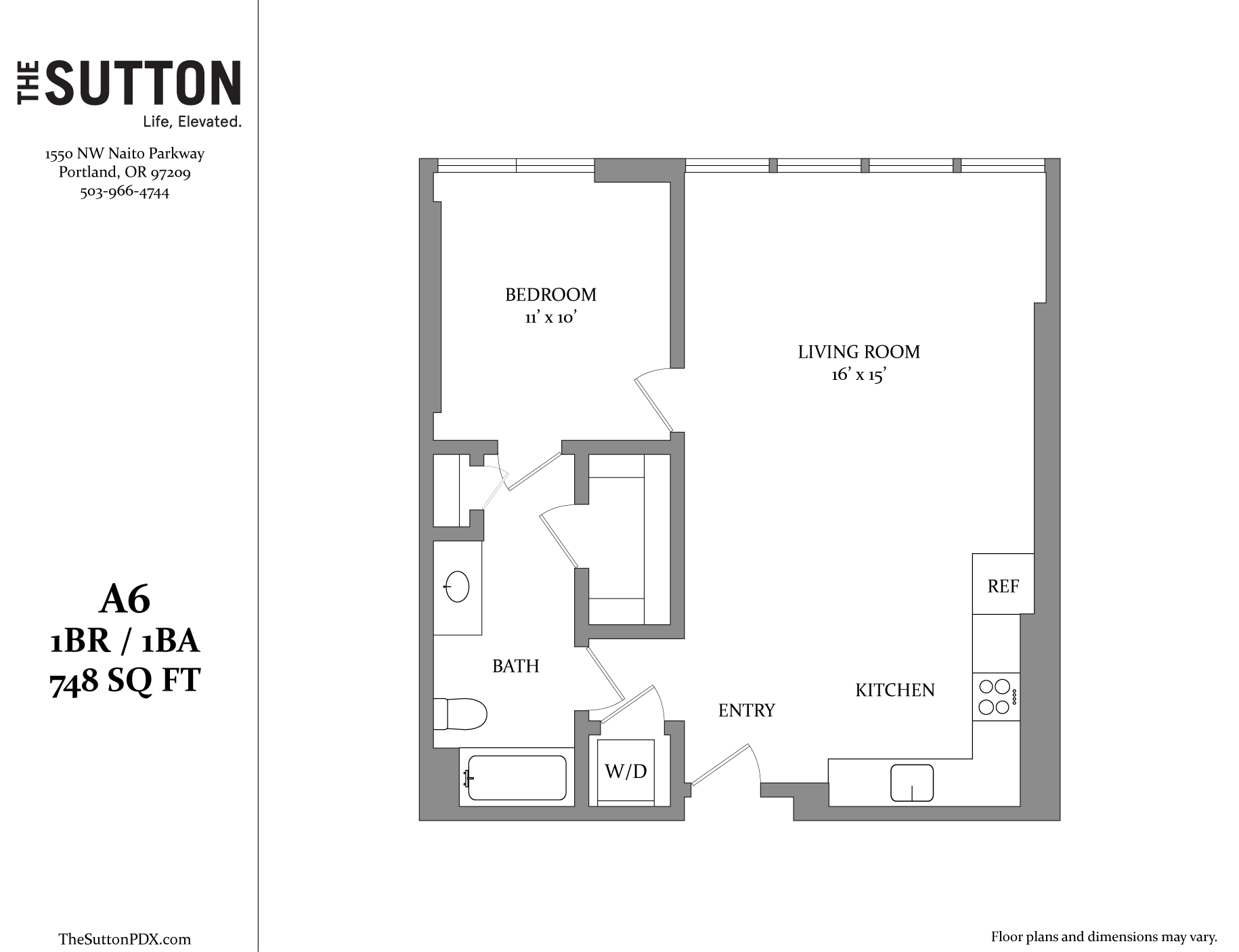 A drawing of a floor plan for a one bedroom apartment.