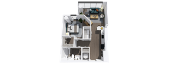 A 3D rendered image of a house layout.