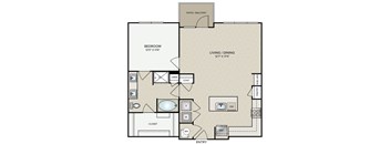 A floor plan of a home with a bedroom, living/dining area, and a closet.