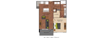 A floor plan of a one bedroom apartment with a bathroom, kitchen, living room and balcony.