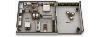 A6 one-bedroom apartment floor plan at MB Station apartments featuring an open great room, modern kitchen, spacious bedroom, full bathroom, and private balcony. Apartments for rent in Miami near Silver Bluff and Coconut Grove.