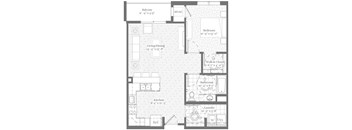 A floor plan of a house with a balcony, living/dining area, kitchen, bathroom, bedroom, wall-in closet, and laundry room.