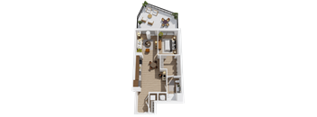 A floor plan of a house with a kitchen, living room, and two bedrooms.