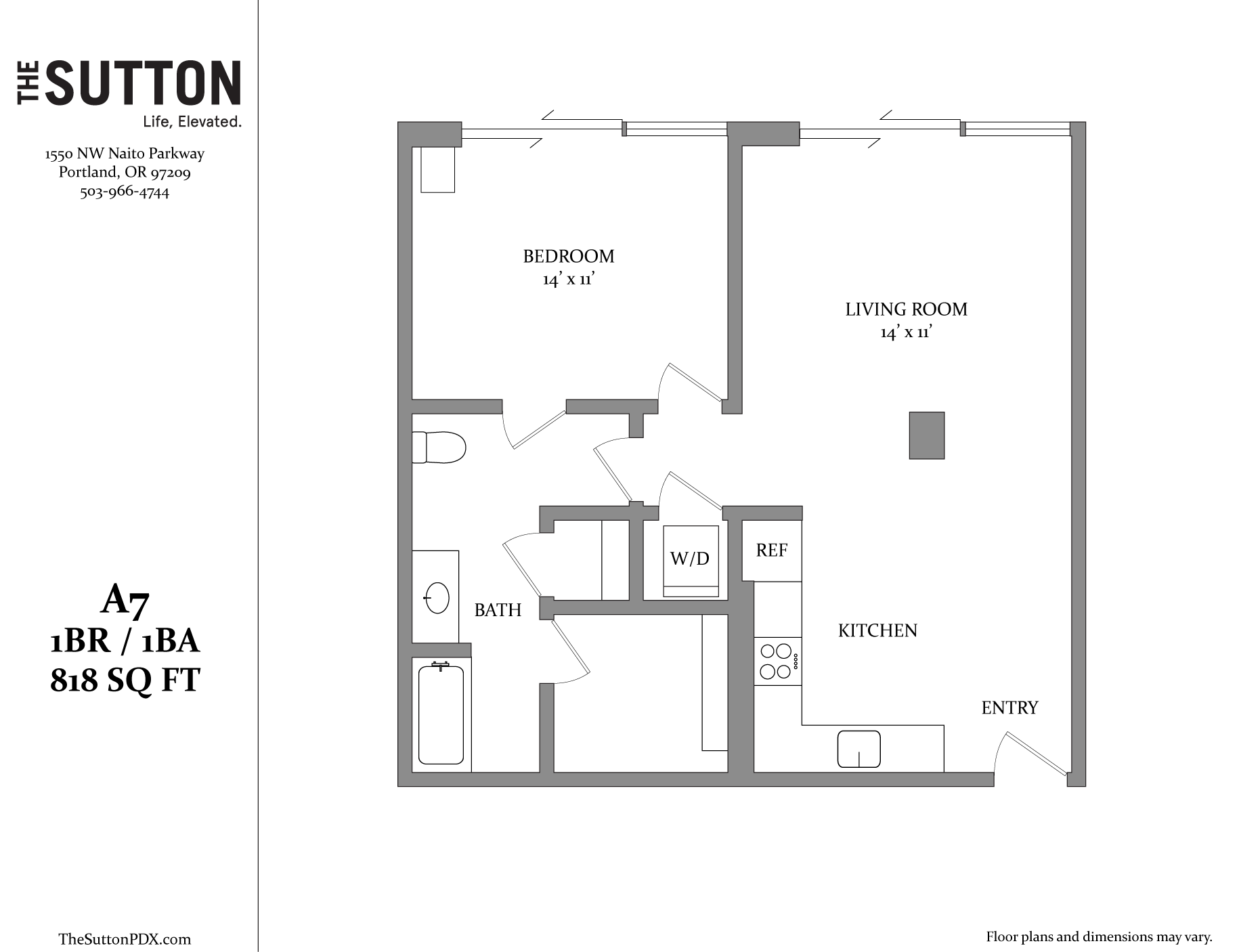 A floor plan for a 1BR/1BA apartment at The Sutton.