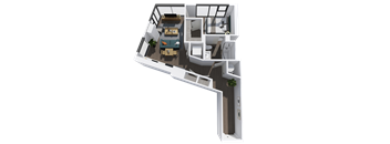A 3D floor plan of a small apartment with a kitchen, living room, and bathroom.
