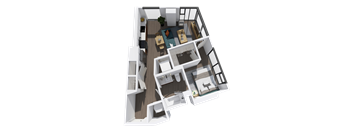 A 3D rendered image of a modern house layout.