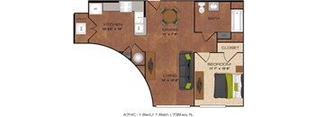 A 1 bedroom apartment with a bathroom, kitchen, and living room.