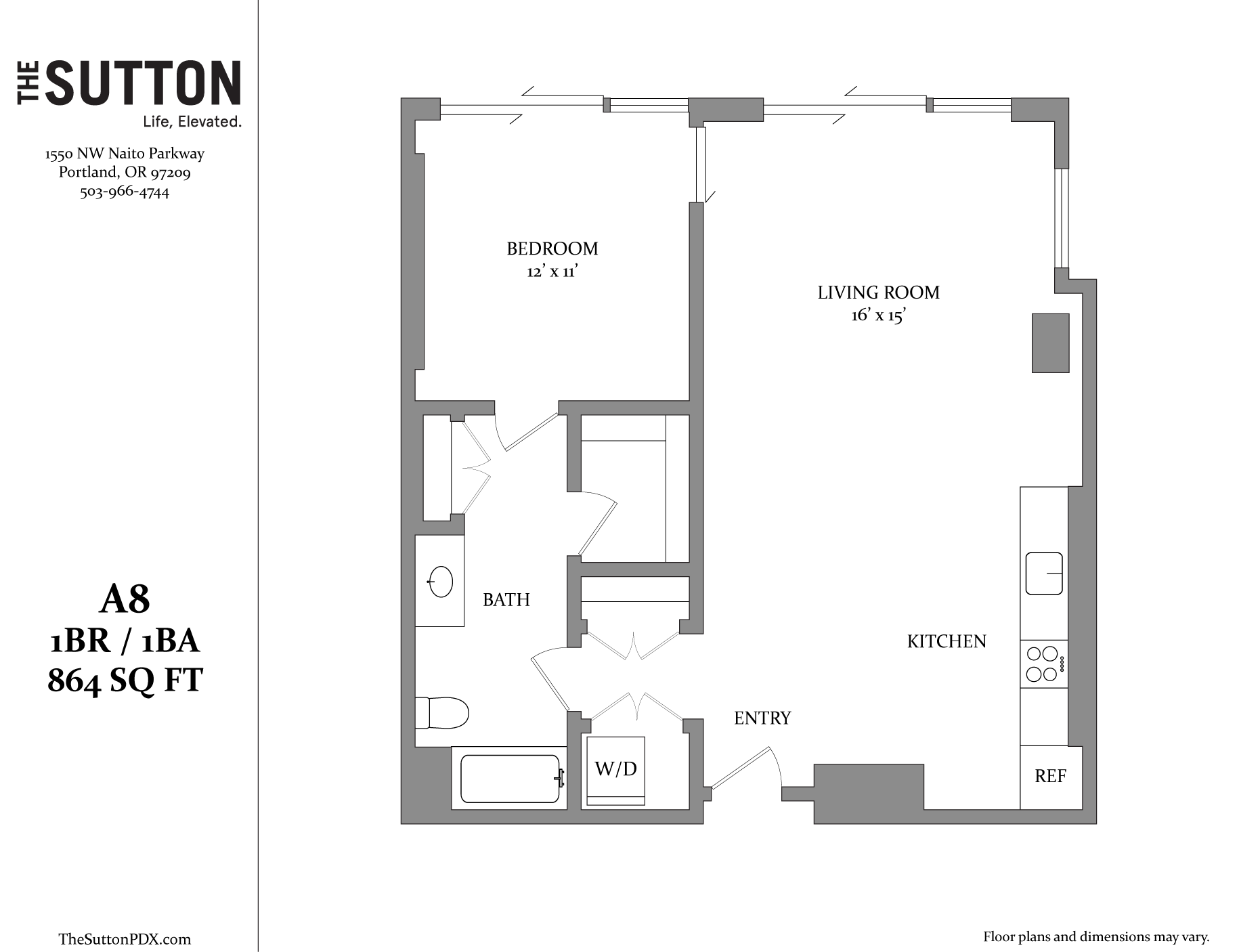 A floor plan for a one bedroom apartment with a living room and kitchen.