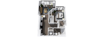 A 3D floor plan of a house with a kitchen, living room, and bathroom.