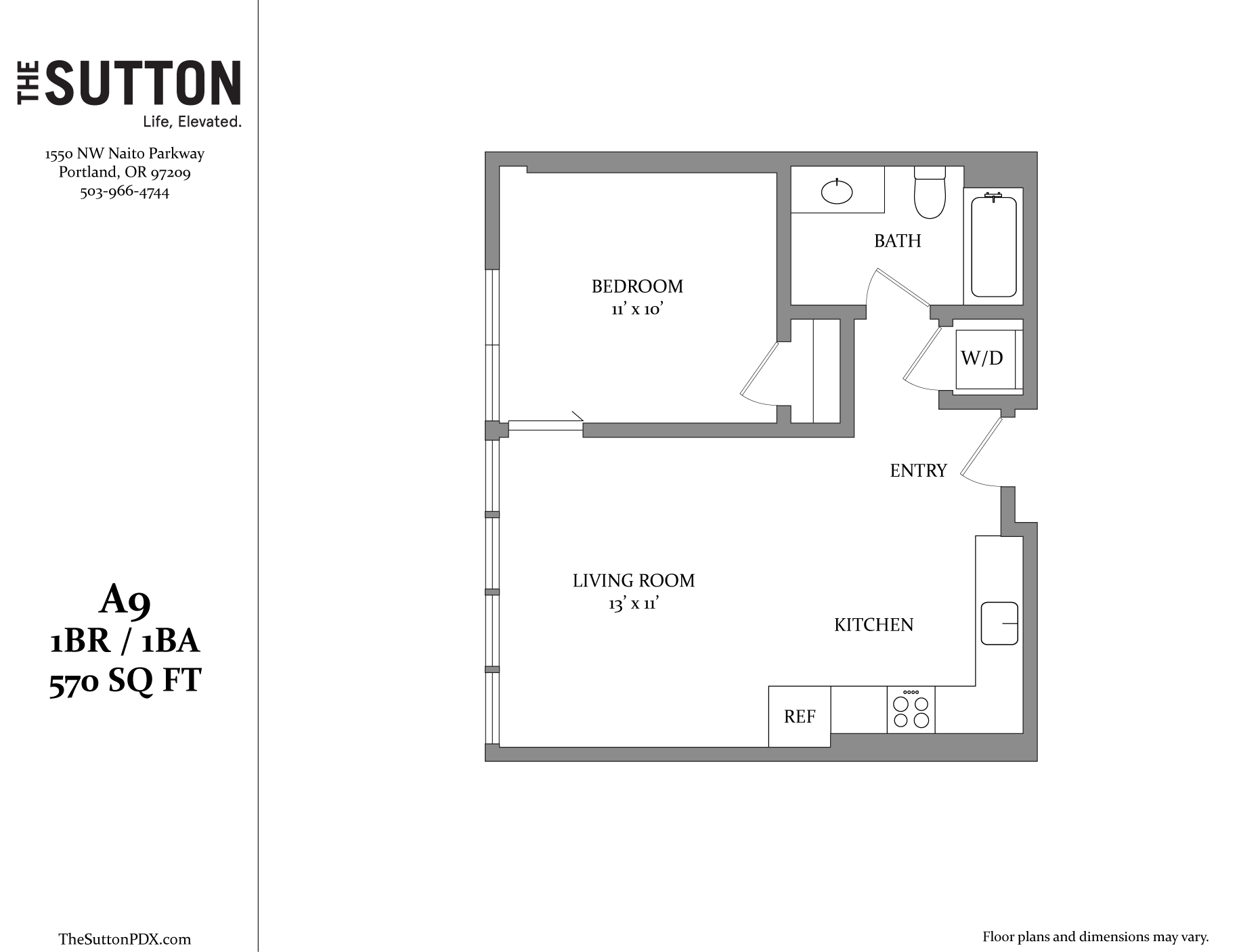 A floor plan for a 1 bedroom, 1 bathroom apartment.