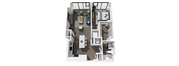 A 3D rendered image of a modern apartment layout.
