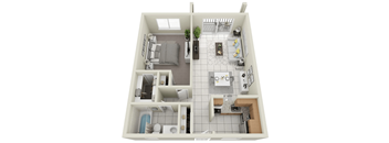 A top down view of a small apartment with a kitchen, living room, and bathroom.