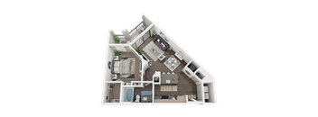 a 1 bedroom floorplan with a bathroom and a living room