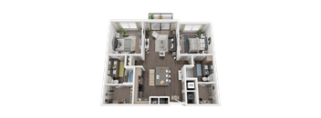 A 3D floor plan of a house with a living room, kitchen, dining room, and two bedrooms.