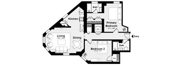 A black and white floor plan of a house with a living room, dining room, kitchen, two bedrooms, a pantry, and a bathroom.
