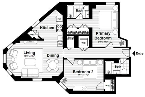 A black and white floor plan of a house with a living room, dining room, kitchen, two bedrooms, a pantry, and a bathroom.