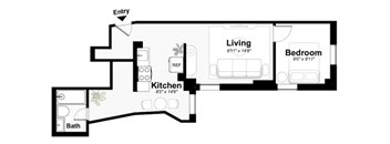 A floor plan of a home with a living room, bedroom, kitchen, and bathroom.