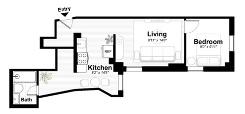 A floor plan of a home with a living room, bedroom, kitchen, and bathroom.