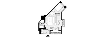 A floor plan of a studio apartment with a kitchen, bathroom, and living room.