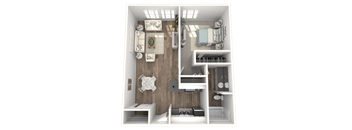 A 3D rendered image of a small apartment layout.