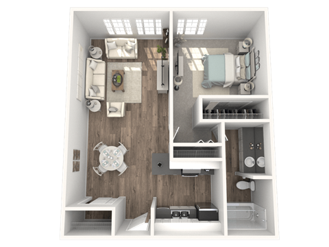 A 3D rendered image of a small apartment layout.