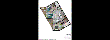 illustration of the first floor of a modern home with two bedrooms and a large terrace