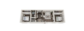 A floor plan of a house with a kitchen, living room, and two bedrooms.