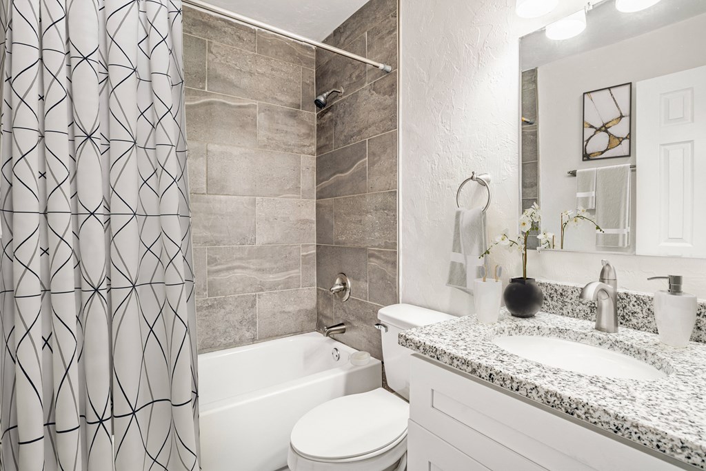 Addison Lane Apartment homes in Gainesville Florida photo of a bathroom with a shower toilet and sink