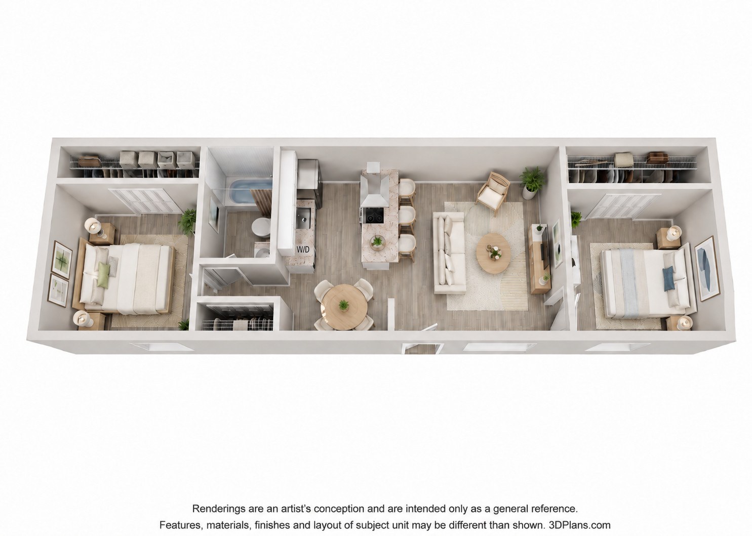 A 3D floor plan of a small apartment with a kitchen, living room, and bathroom.